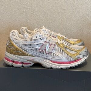 New Balance White and Gold Running Shoes